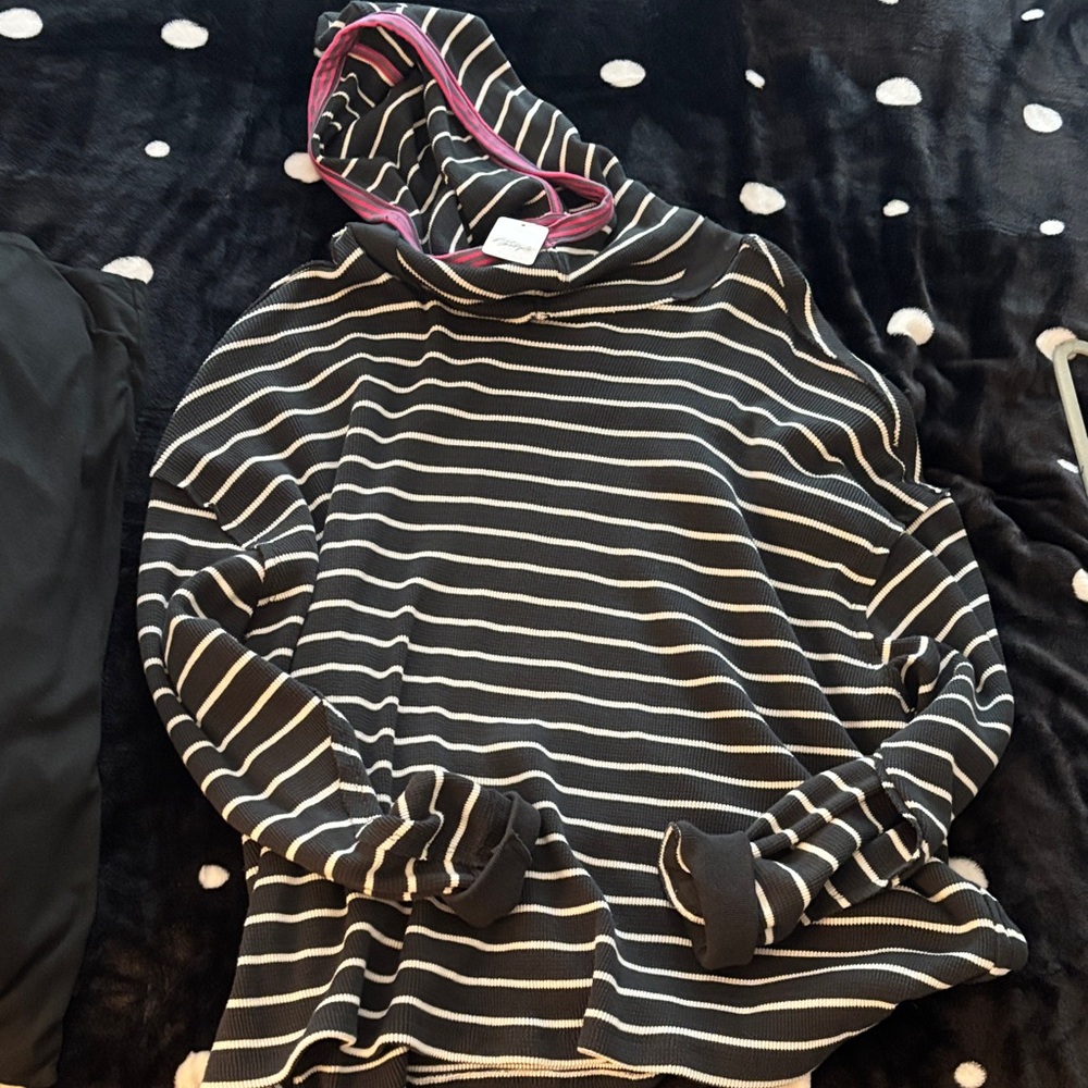 Free People Black and White Striped Henley Hoodie